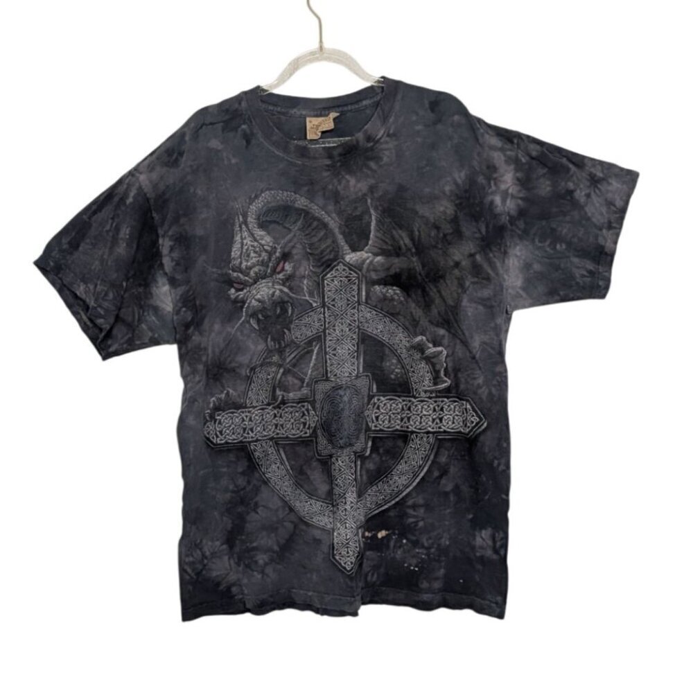 The Mountain Celtic Dragon Shirt Mens Size Large Blue Distressed Tie Dye Cotton